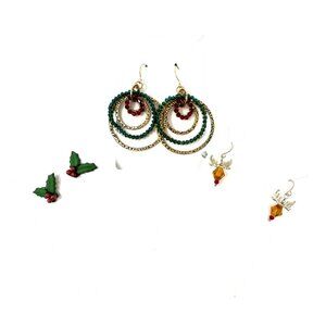 Festive Holiday Earring Set - 3‎ Pairs: Reindeer, Holly,  & Wreath Hoops